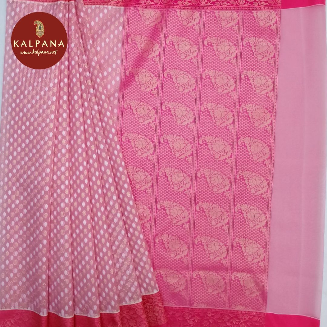 Pink Benarasi Woven Blended SICO Cotton Saree with Woven Zari Border. The Palla is Woven Zari. The Self colored Plain Unstitched Blouse has Woven Border Perfect for Multi Occasion Wear in Summer season(s). Dry Clean Only.
Saree 5.4 mts
Blouse 0.8 mts
Country Of Origin:India
Weight: 500 gms