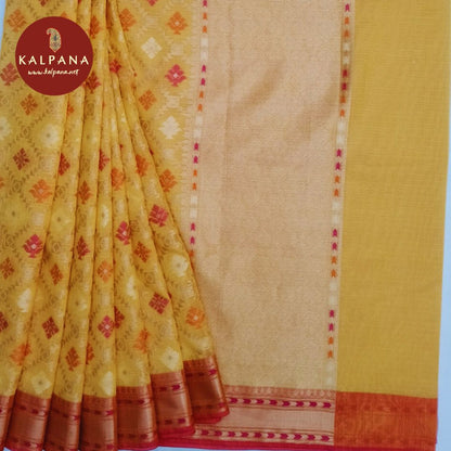 Light Mustard Yellow Benarasi Woven Blended SICO Cotton Saree with Woven Zari Border. The Palla is Woven Zari. The Self colored Plain Unstitched Blouse has Woven Border Perfect for Multi Occasion Wear in Summer season(s). Dry Clean Only.
Saree 5.4 mts
Blouse 0.8 mts
Country Of Origin:India
Weight: 500 gms