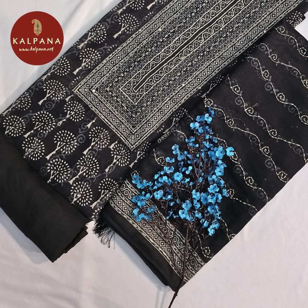 Shirt: Black Coloured Embroidery SICO Cotton Unstitched Suit.
Dupatta: Black Color Printed SICO Cotton Border.
Bottom: Black SICO Cotton Bottom.
Perfect for Semi,Formal,Wear. 
Recommended for winter season(s). Dry Clean Only
Shirt Fabric: 2.5 mts
Salwar Fabric: 2.4 mts
Dupatta: 2.4 mts
Country Of Origin:India
Weight: 500 gms