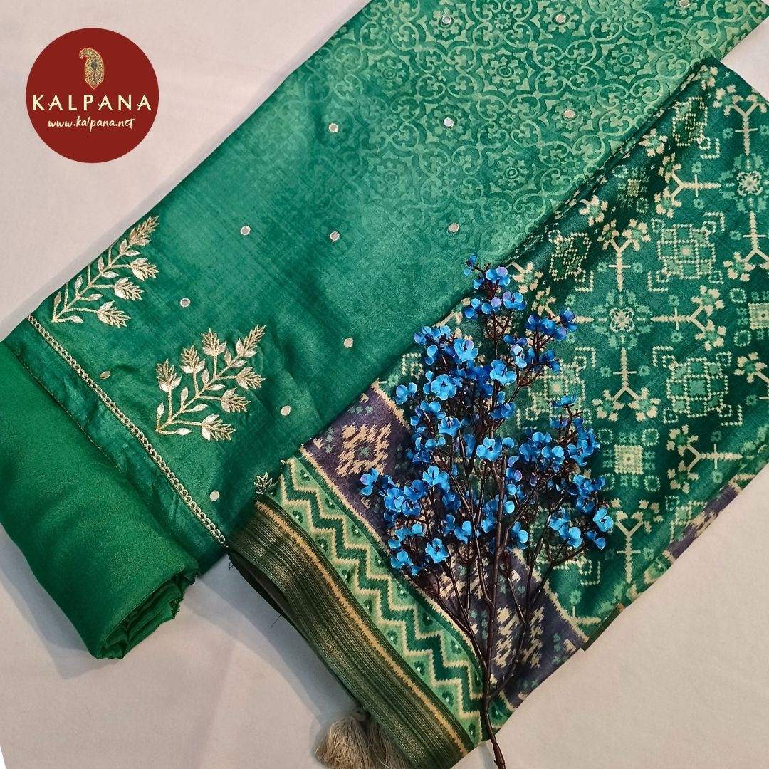 Shirt: Green Coloured Embroidery Blended Tussar Unstitched Suit with All Over Plain with Embroidery and Embroidered Border..
Dupatta: Self Matched Green Color Printed Tussar Dupatta with Plain Border.
Salwar: Green Tussar .
Perfect for Multi Occasion Wear. 
Recommended for Autumn & Winter season(s). Dry Clean Only
Shirt Fabric: 2.5 mts
Salwar Fabric: 2.4 mts
Dupatta: 2.4 mts
Country Of Origin:India
Weight: 500 gms